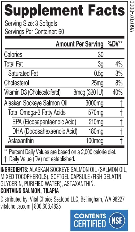 Vital Choice MSC Wild Alaskan Sockeye Salmon Oil Dietary Supplement 180 Softgels