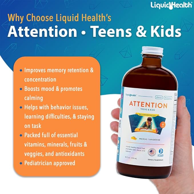 LIQUIDHEALTH Attention Liquid Multivitamin for Kids &amp Teens - Improves Memory Retention Concentration Focus Mood Relaxation &amp Calming - Made in the USA Great Taste Vegan Sugar-Free (16