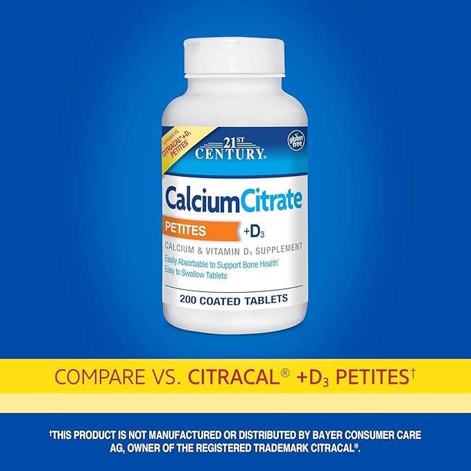 21st Century Calcium Citrate Petites + D3 Coated Tablets - 200 Tablets Pack of 3