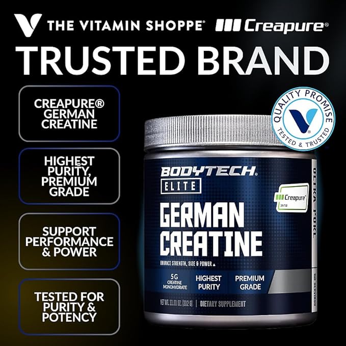 BodyTech Elite German Creatine with Creapure® Creatine Monohydrate Powder for Strength Size &amp Power 5g per Serving Unflavored Gluten Free 11.01 oz 60 Servings