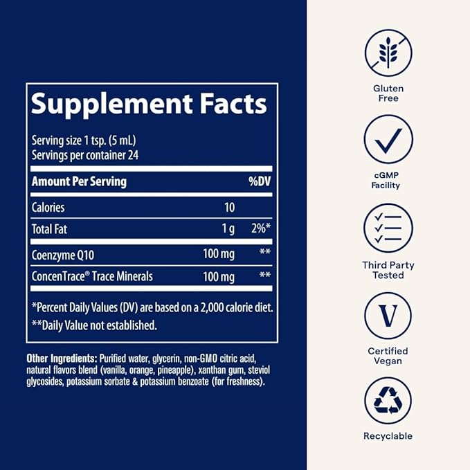 Trace Minerals CoQ10 - Cellular Health Supplement for Vitality Support - Cardiovascular Health &amp Immune Support - Natural Ingredients - Vegan &amp Gluten-Free - Tangerine Flavor - 4 fl oz (24 Ser