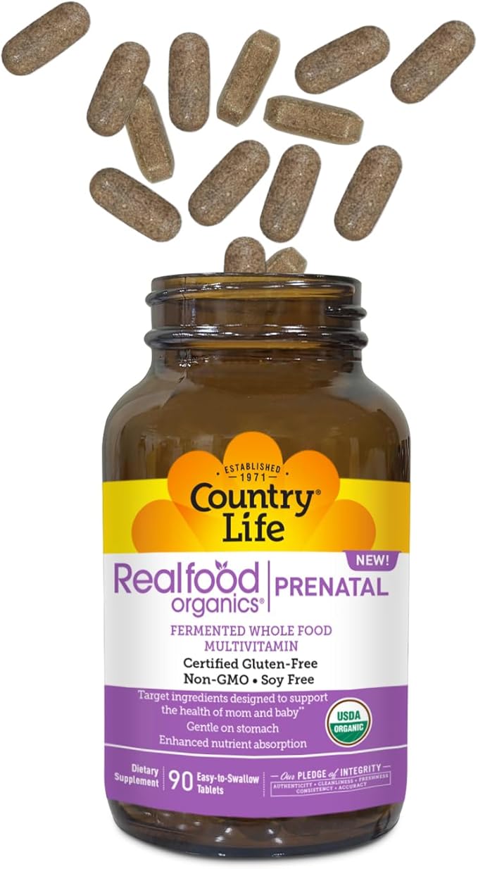 Realfood Organics Prenatal Multi - Before During &amp Post Pregnancy - Folate D3 &amp Iron to Support Healthy Fetal Growth and Development* Gentle on Stomach Gluten-Free Soy Free 90 Tablets