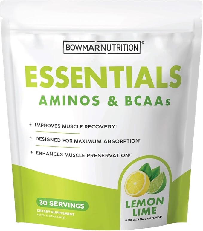BOWMAR NUTRITION Essentials Aminos and BCAAs Powder 30 Servings 99% Absorption Rate (Lemon Lime)