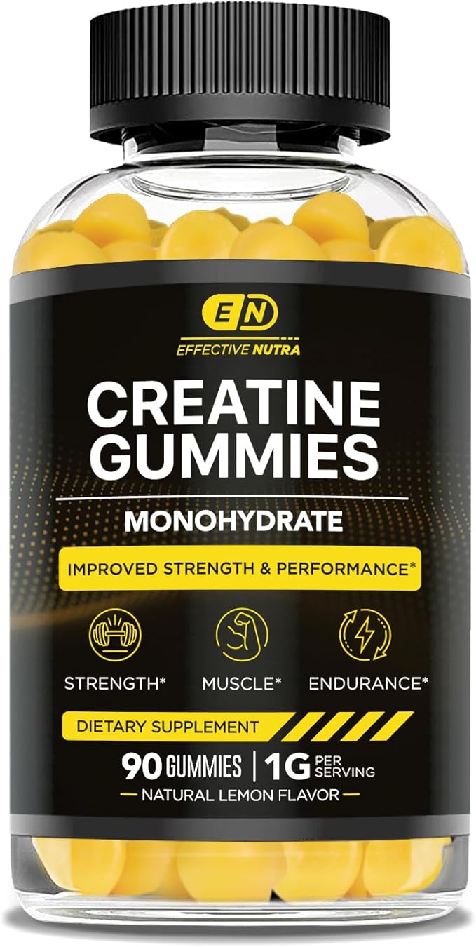 Effective Nutra Creatine Monohydrate Gummies - 1g Creatine per Gummy - Vegan Muscle &amp Strength Supplement for Men &amp Women - Supports Muscle Growth Energy Endurance - Lemon Flavor Made in US