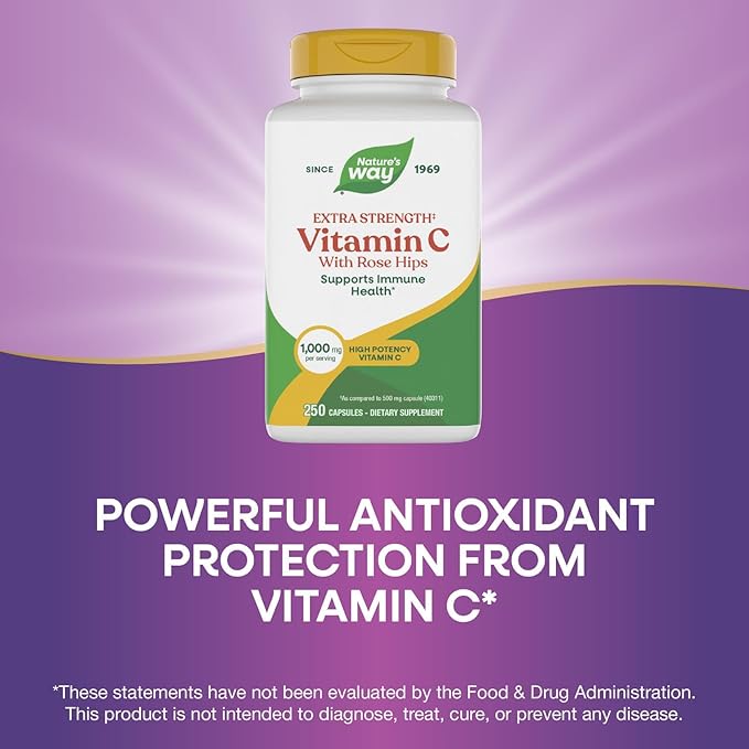 Nature's Way Extra Strength(1) Vitamin C with Rose Hips Supports Immune Health* Collagen Production* High Potency Vitamin C 250 Capsules (Packaging May Vary)