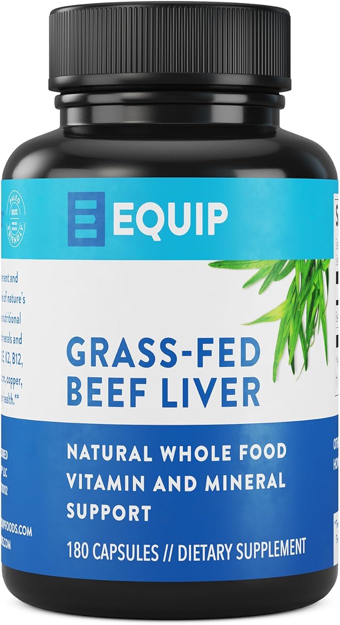 Equip Foods Grass-Fed Beef Liver | Natural Desiccated Beef Liver Supplement | Support Heart Health Brain Function Digestion Metabolism Immunity Detoxification | 180 Capsules 30 Servings