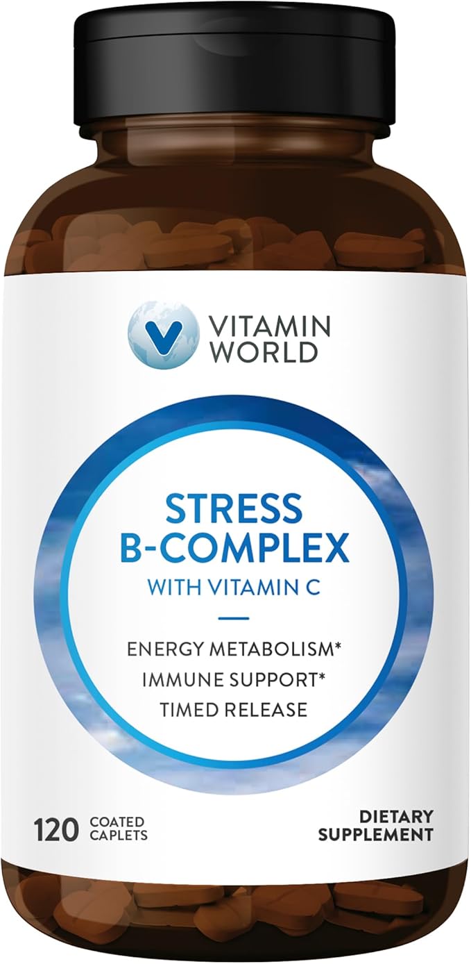 Vitamin World Stress Vitamin B Complex with Vitamin C Timed Release High-Potency Vitamin B6 B12 Niacin Folate &amp Biotin for Stress Energy Metabolism &amp Immune Support Non-GMO 120 Caplets