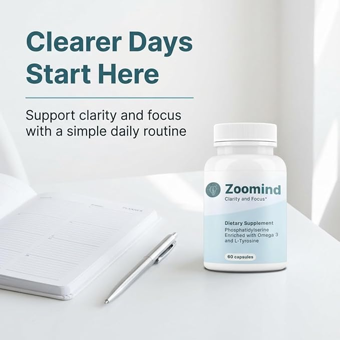 Zoomind Brain Supplements for Focus and Clarity Brain Health with Omega-3 Phosphatidylserine (PS) and L-Tyrosine. Supports Healthy Brain Function 60 Capsules
