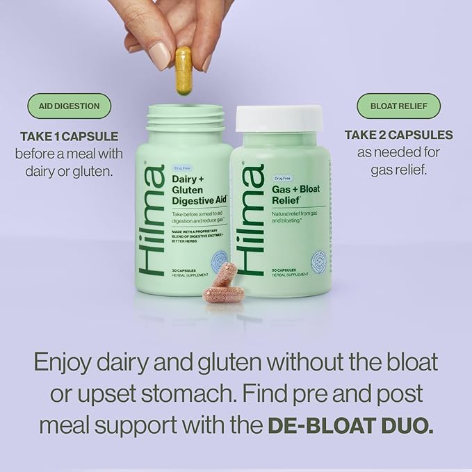 Hilma De-Bloat Bundle for Pre or Post Meal Gas &amp Bloating Relief for Women (50 Vegan Capsules) with Lemon Balm &amp Peppermint Leaf Digestive Enzymes for Women (30 Vegan Capsules) with Dandelio