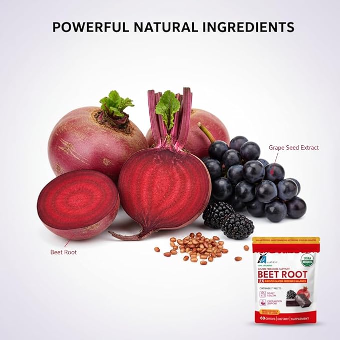 Aarkani Organic Beet Root Chewable Tablets Blood Pressure Support 60 Count Pomegranate Berry Flavor
