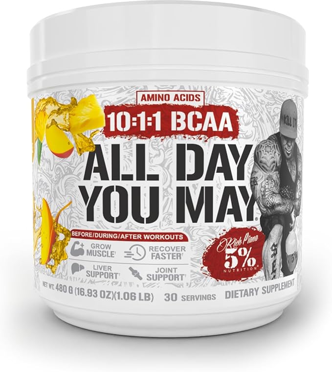 5% Nutrition Rich Piana AllDayYouMay BCAA Powder | Premium Intra &amp Post Workout Amino Acids Hydration Endurance Muscle Recovery Joint &amp Liver Support | 16.93 oz 30 Servings (Mango Pineapp