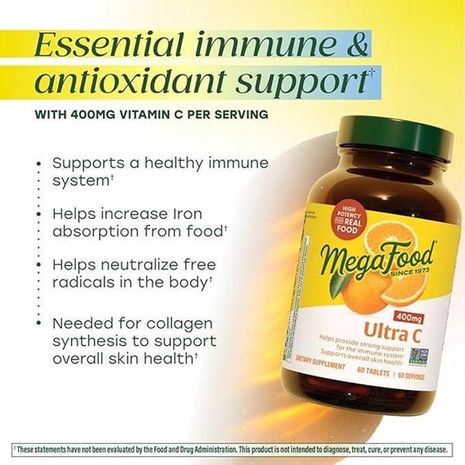 MegaFood Ultra C 400 mg - Vegan Vitamin C Immune Support Supplement Vitamin C Supplement Made with Real Food Including Broccoli Carrot Cranberry &amp Brown Rice - 90 Tablets 90 Servings