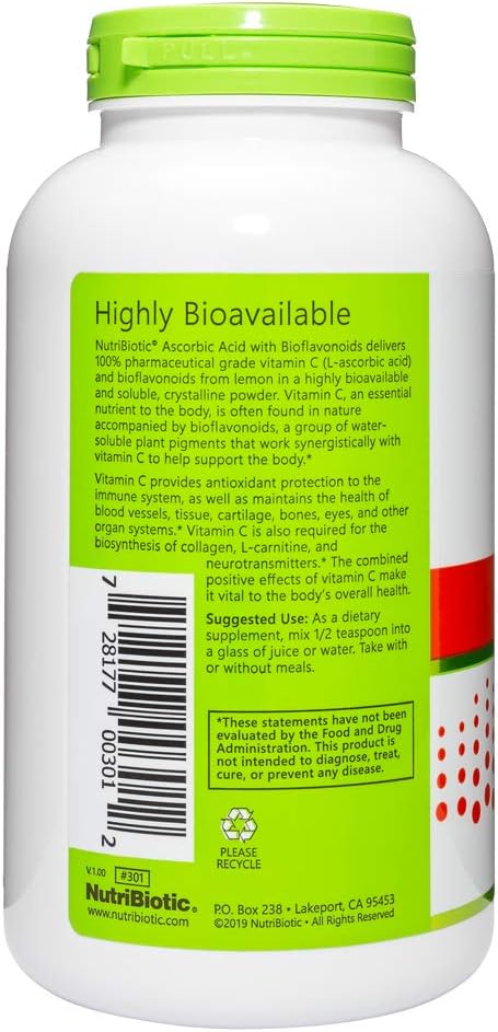 NutriBiotic - Ascorbic Acid with Bioflavonoids Powder 16 Oz | Highly Soluble Antioxidant &amp Collagen Support Supplement | 2000 Mg Vitamin C with Lemon Bioflavonoid Complex | Vegan Gluten &amp GM