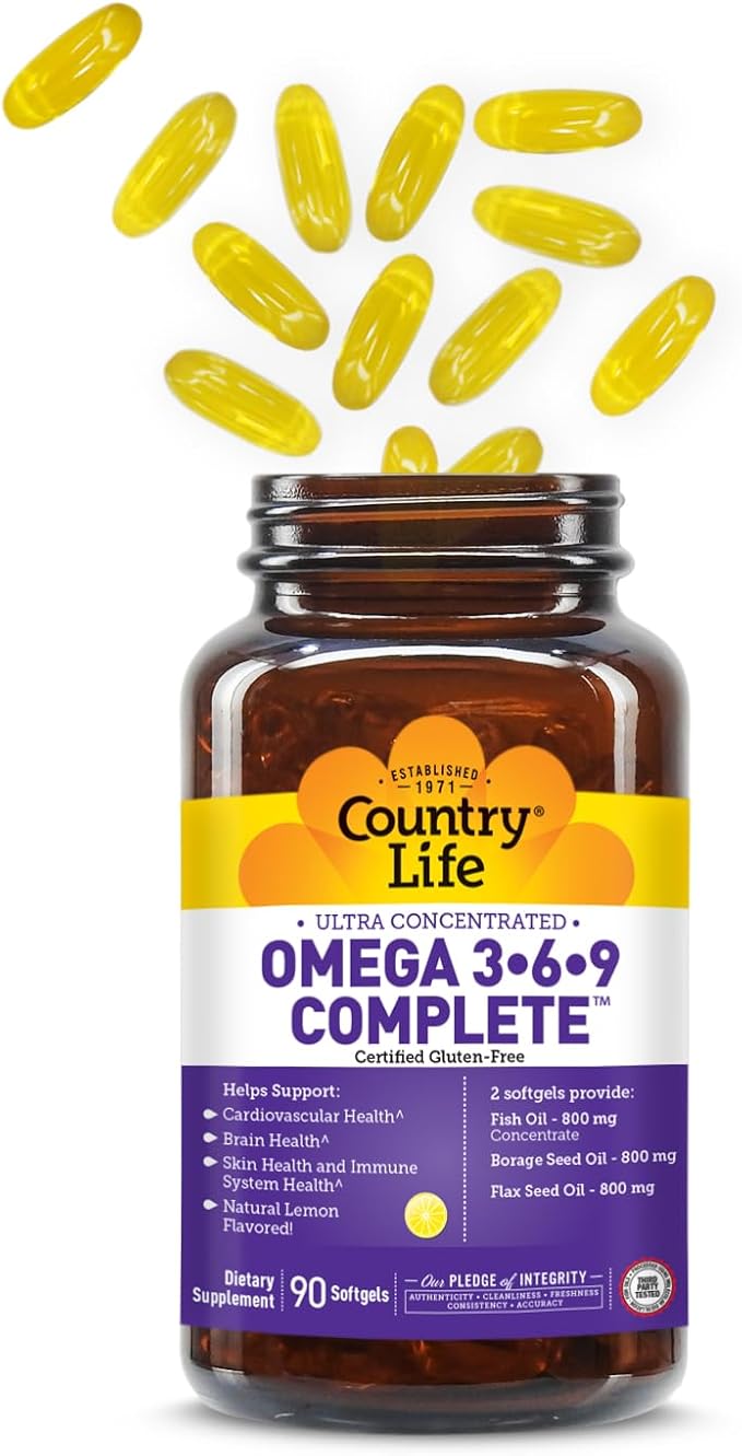 Country Life Omega 3-6-9 Complete Supplement - 1534mg Omega Fatty Acids - Supports Cardiovascular Brain Skin &amp Immune Health - Certified Gluten Free Non-GMO - 90 Softgels
