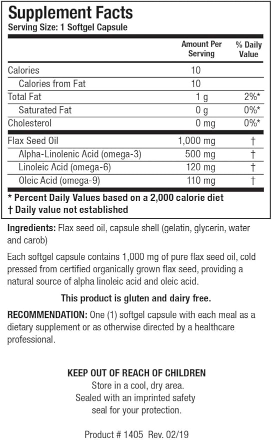 Biotics Research Flax Seed Oil Each Capsule Contains 1000 of Pure Flax Seed Oil. Cold Pressed from Certified organically Grown Flax Seed. Heart Health. 100 Softgels