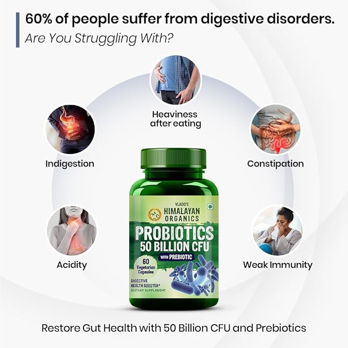 HIMALAYAN ORGANICS Organics Probiotics Supplement 50 Billion CFU 150mg with Prebiotics | 10X Better Digestion Gut Health and Immunity Support | Non-GMO Gluten-Free - 60 Vegetarian Capsules
