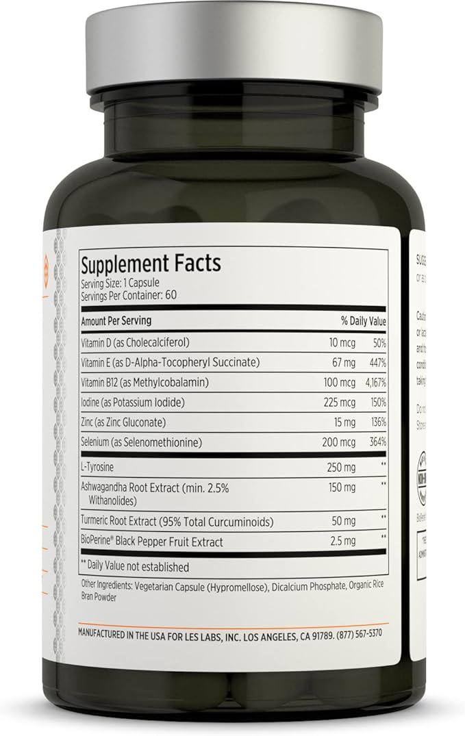LES Labs Thyroid Support – Metabolic Health Thyroid Hormone Production Energy &amp Focus – Iodine L-Tyrosine Ashwagandha Selenium &amp Turmeric – Non-GMO Supplement – 60 Capsules