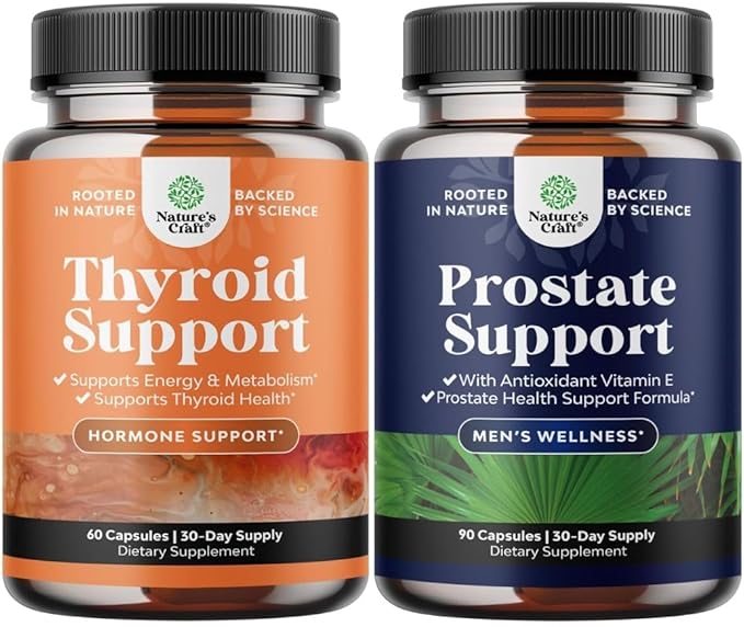 Bundle of Herbal Thyroid Support Complex - Potent Kelp Iodine with L Tyrosine Bladderwrack Selenium Ashwagandha and Herbal Prostate Supplement for Men - Saw Palmetto Extract Beta Sitosterol Green Tea
