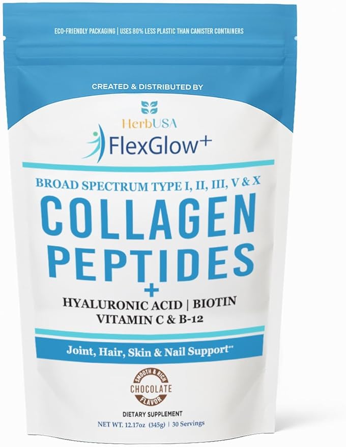 FlexGlow+ Collagen Peptides – Broad Spectrum (I II III V X) – 6900mg – Hyaluronic Acid Biotin &amp Vitamin C – Hair Skin &amp Joint Support – 30 Servings (12.17oz)