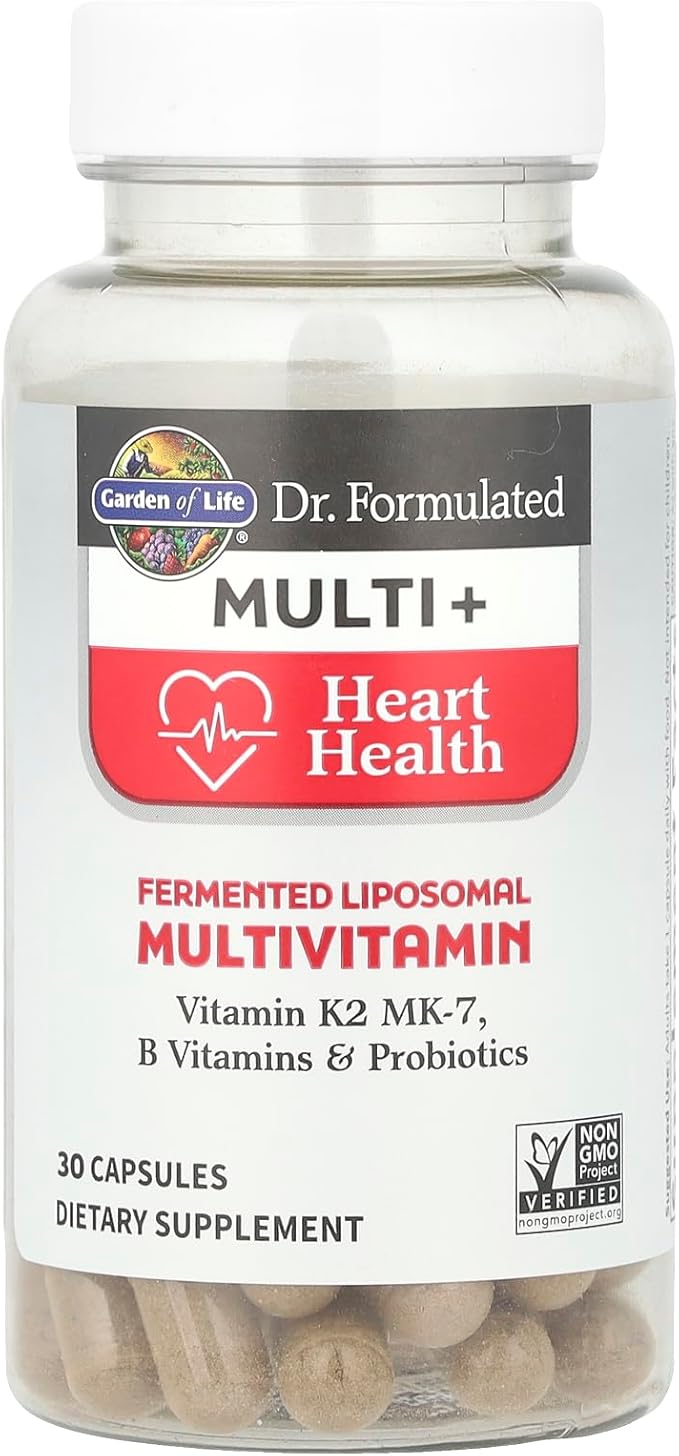 Garden of Life Dr. Formulated Multi+ Heart Health - Fermented Liposomal Multivitamin + Vitamin K2 MK-7 B Vitamins &amp Probiotics - One a Day for Cardiovascular &amp Blood Vessel Function 30 Capsu