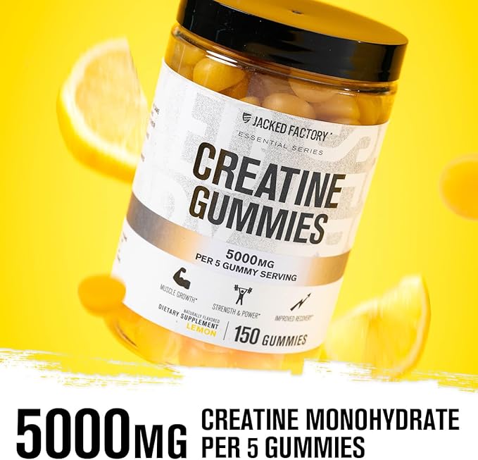 Jacked Factory Creatine Monohydrate Gummies 5g Daily Dose (1g per Gummy) - Creatine Gummy for Men and Women Vegan-Friendly Travel-Friendly Third-Party Tested - 150 Gummies Blue Raspberry &amp Lem