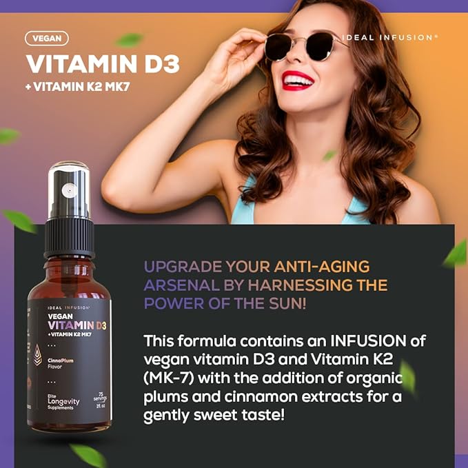 Ideal Infusion Vegan Vitamin D3 5000 iu with K2 (MK-7) Liquid Spray: Organic Plum with Cinnamon - Bone Health Immune Support Bone Structure (75 Servings)