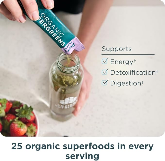 Ancient Nutrition SuperGreens Powder with Probiotics Organic Berry Flavor Greens Made from Real Fruits Vegetables and Herbs Digestive and Energy Support 16 Stick Packs 4.2oz