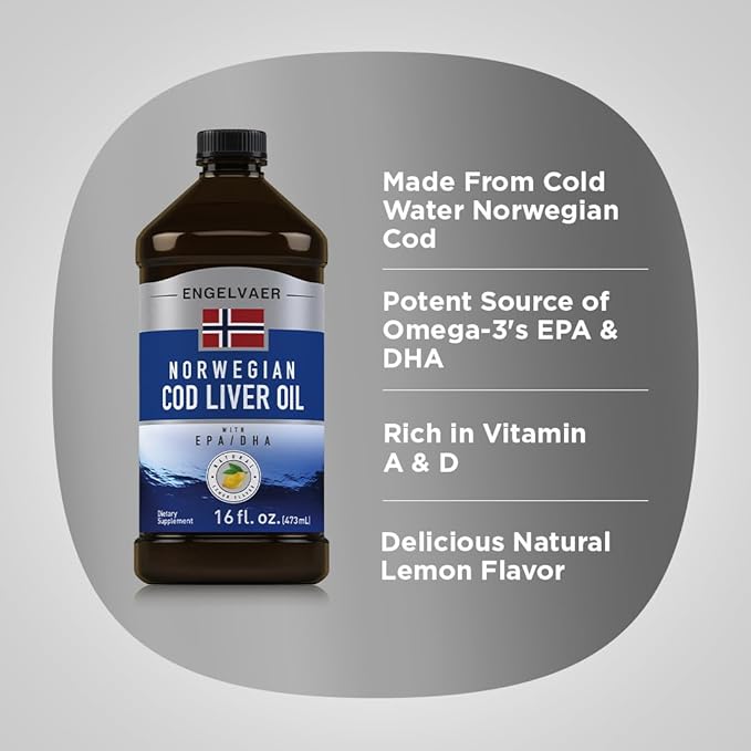 Piping Rock Cod Liver Oil Liquid | 16 fl oz | with EPA and DHA | Engelvaer Norwegian | Lemon Flavor | Non GMO Gluten Free Supplement