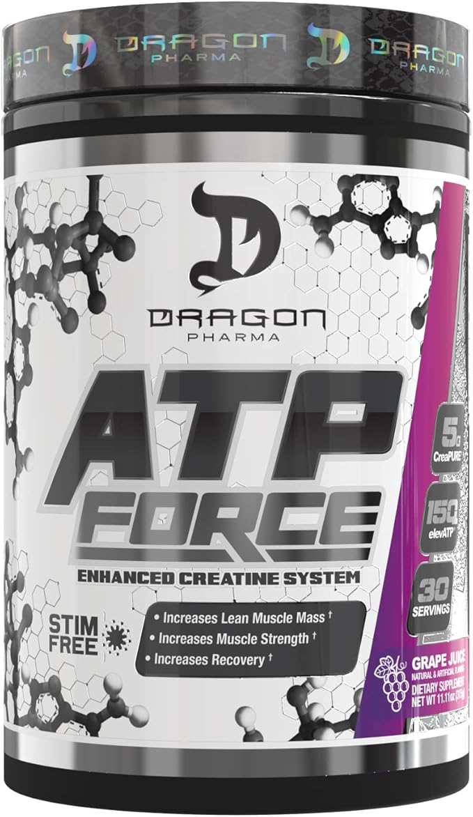 DRAGON PHARMA ATP Force Enhanced Creatine System Stim-Free Increase Lean Muscle Mass &amp Recovery 5 Grams of CreaPure Improves Blood Flow (30 Servings Grape Juice)