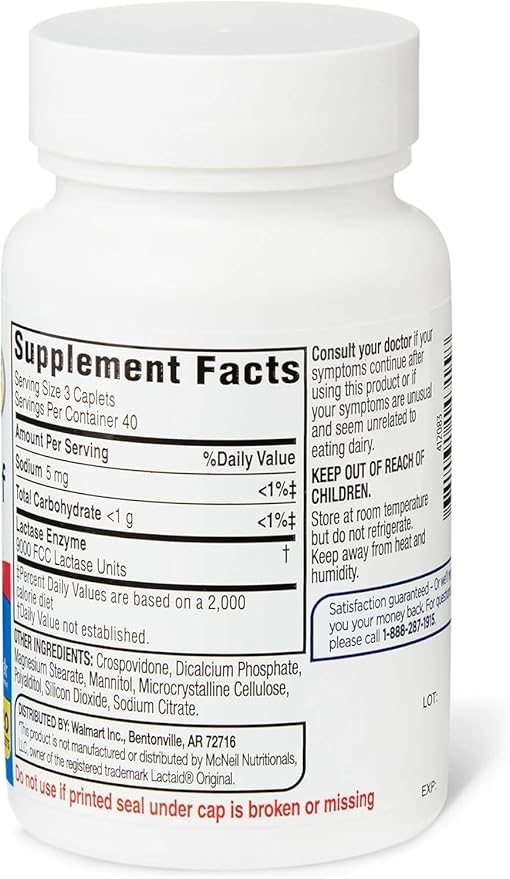 Dairy Relief Caplets Original Lactase Enzyme 120 Pills by Equate (Pack of 1) + Sticker
