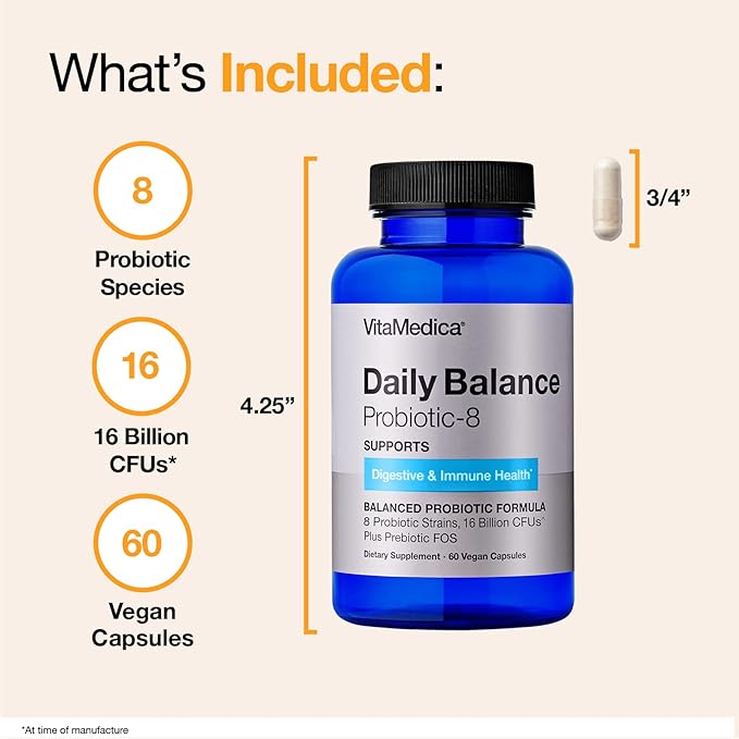 VitaMedica | Daily Balance Probiotic-8 | Probiotic Supplement | 16 Billion CFUs | Gut Health | Digestive Skin &amp Immune Support | Constipation Diarrhea Gas &amp Bloating Relief | Vegan | 60 Co