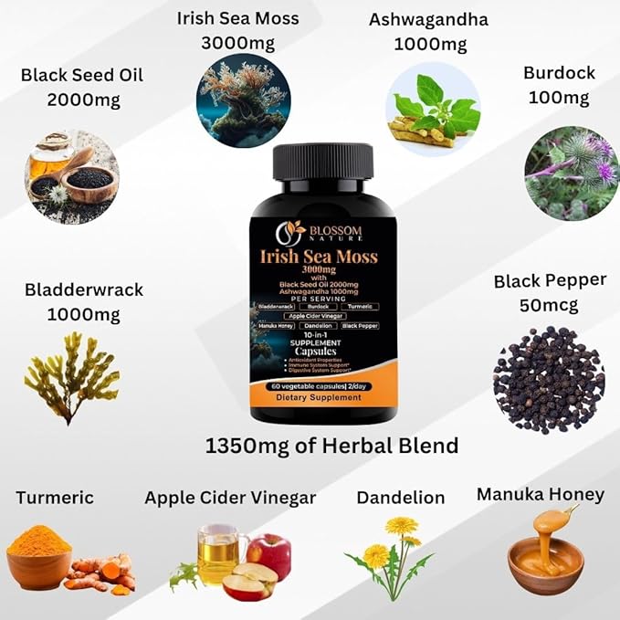 10-in-1 Irish Sea Moss Veggie Caps 3000mg Black Seed Oil Ashwagandha Bladderwrack Burdock Turmeric Apple Cider Vinegar Manuka Honey Dandelion Black Pepper - Made in US(Veggie Caps Unflavored)