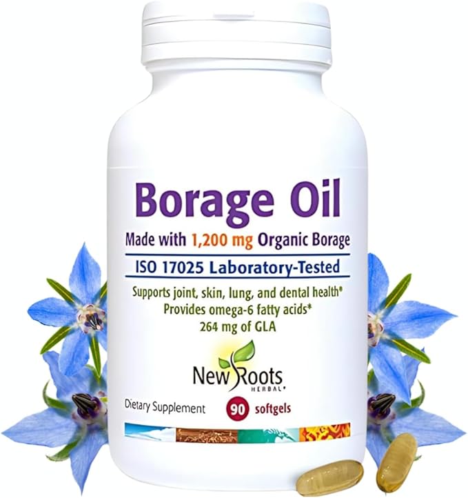 NEW ROOTS HERBAL Borage Oil Supplement 1200 mg | Organic Borage Seed Oil Cold-Pressed (90 softgels) GLA Supplement (264mg) with Linoleic Acid (444mg) | 100% Hexane-Free