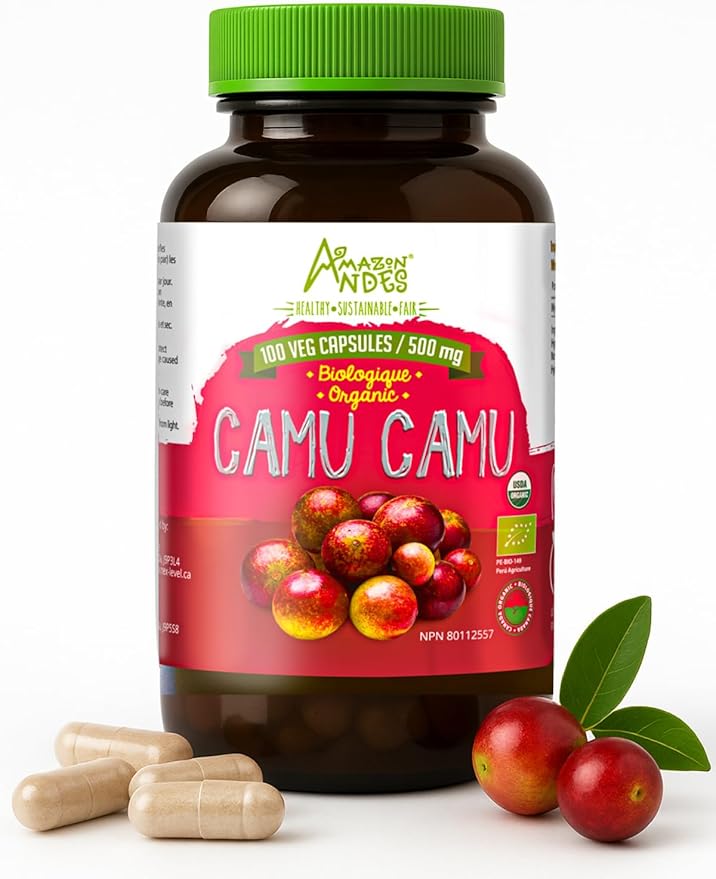 Amazon Andes Camu Camu Capsules 500mg - Pure Vitamin C Origin from Peru - Myrciaria Dubia Berry - 100 Vegetarian Caps - Wild Harvested Amazon Rainforest Superfruit Non-GMO Vegan