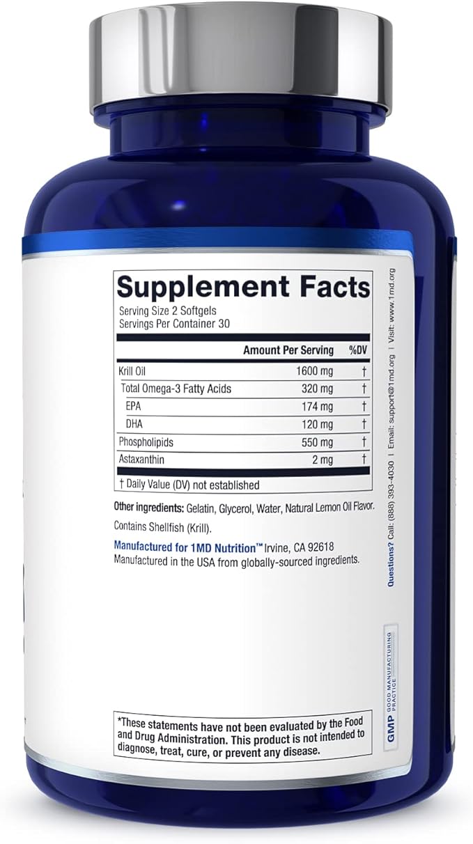 1MD Nutrition KrillMD - Antarctic Krill Oil Omega 3 Supplement with Astaxanthin EPA DHA | 2X More Effective Than Fish Oil | 60 Softgels (2-Pack)