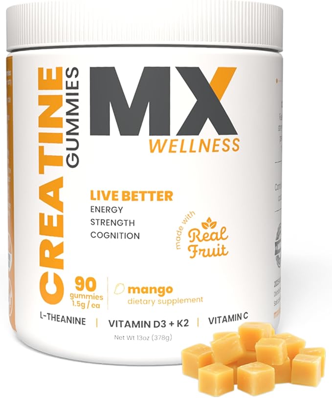Creatine Monohydrate Gummies for Men &amp Women – Real Fruit Gummy Supplement for Muscle Growth Recovery Longevity Cognitive Health &amp Memory – 90 Chews (90 Gummies Mango)