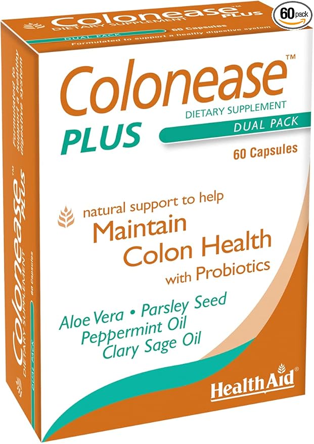 HealthAid ColonEase Plus – Herbal Digestive Support with Probiotics | Aloe Vera Peppermint Oil Clary Sage Oil &amp Parsley Seed | 60 Vegetarian Capsules