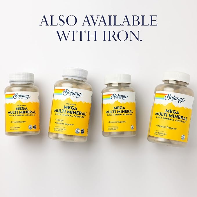 SOLARAY Mega Multi Mineral Iron Free - Daily Mineral Supplement w/Trace Minerals Electrolytes Calcium Magnesium Zinc Selenium Boron -Cellular Energy Immune Support 60-Day Guarantee 50 Serv