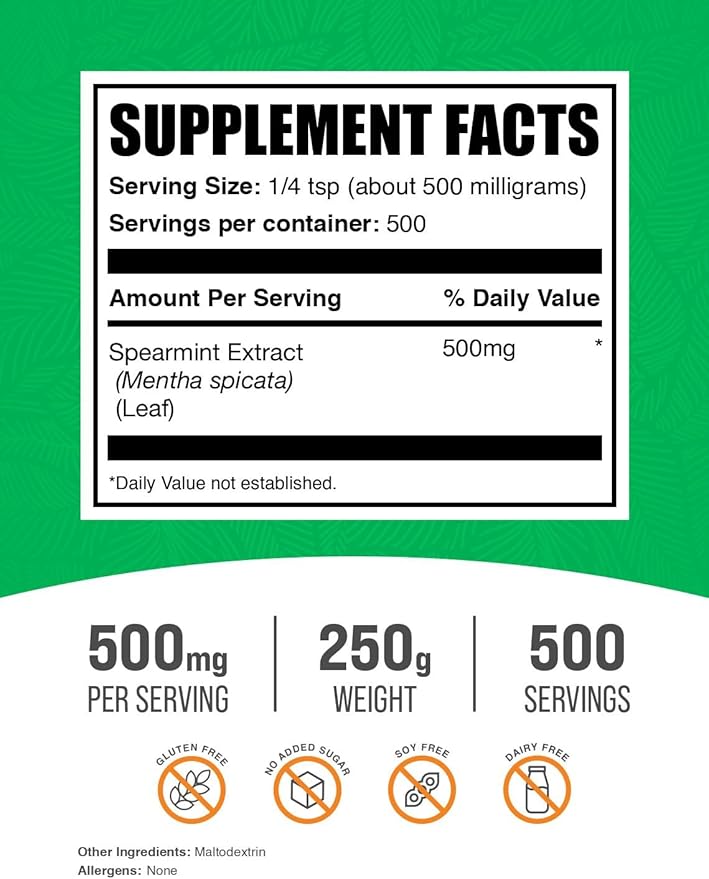 BulkSupplements.com Spearmint Extract Powder - Food-Grade Spearmint Powder Herbal Supplement - Vegan &amp Gluten Free 500mg per Serving 250g (8.8 oz) (Pack of 1)
