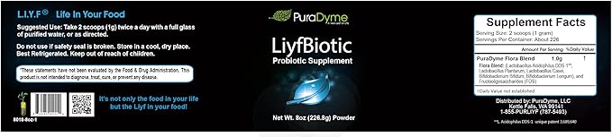 PuraDyme LiyfBiotic – 8 oz Probiotic Powder | Raw Plant-Based Vegan Non-GMO Enzyme-Rich Blend