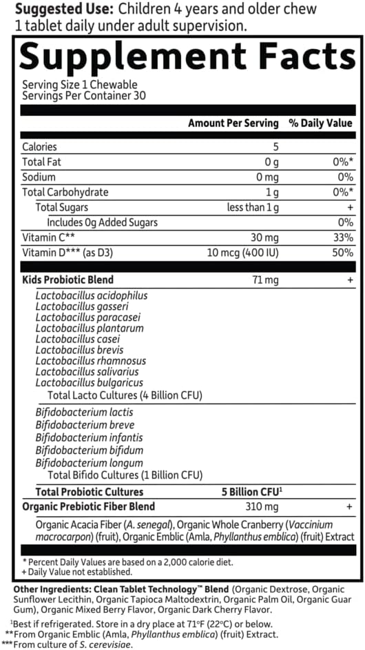 Garden of Life Dr. Formulated Probiotics Organic Kids+ - Digestive Health Support with Prebiotic Fiber &amp Vitamins C &amp D - Supports Immune Function - Berry Cherry 30 Yummy Chewables
