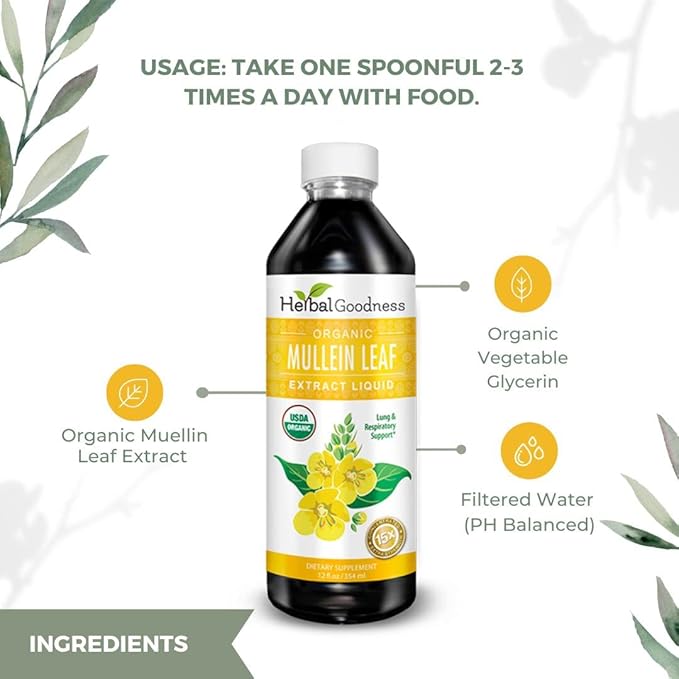 Herbal Goodness Mullein Drops for Lungs - Respiratory Support Mullein Leaf Extract for Lungs Bronchial &amp Lung Detox for Smokers Organic Wild Mullen as Tea Pills Tincture - Made in USA - 12 Fl