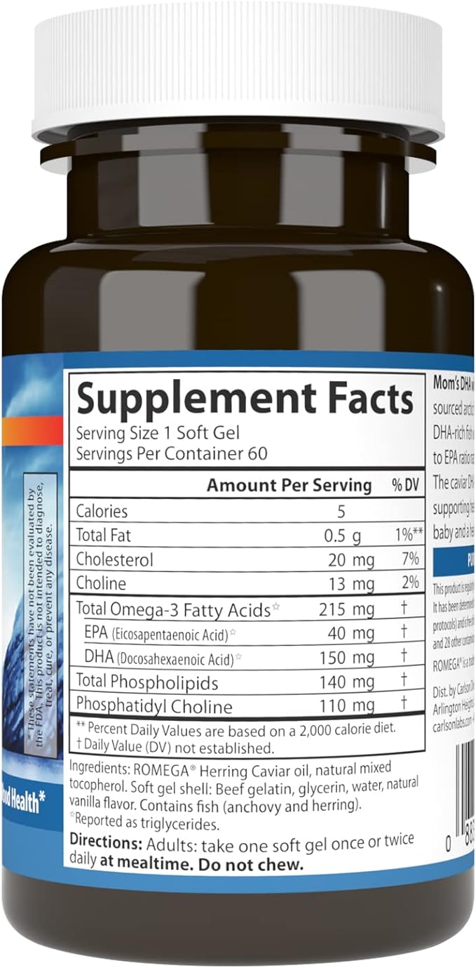 Carlson - Mom's DHA with Choline 3:1 DHA to EPA Ratio Found in Breastmilk Growth and Development 60 Softgels