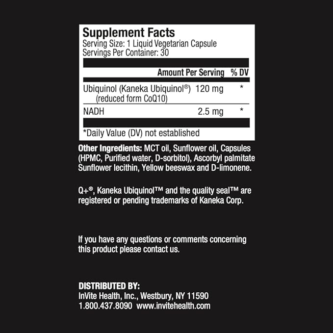 Invite Health CoQ10 (Ubiquinol) and NADH -Coenzyme Supplement Supports Cardiovascular and Brain Health -Contains Kaneka Ubiquinol for Better Absorption - 30 Liquid Filled Vegetarian Capsules (2-Pack)