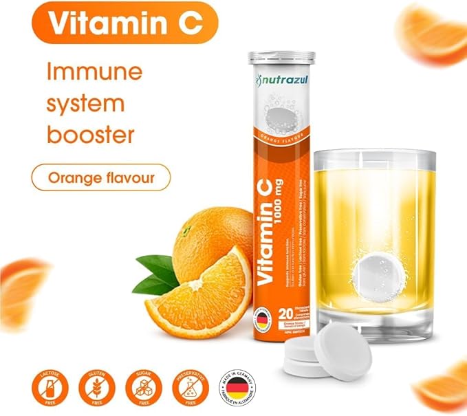 nutrazul Vitamin C 1000mg Effervescent Tablets VIT C Supplement to Help Maintain Immune Function Gluten-Free Lactose-Free Sugar-Free Preservative-Free Orange Flavor 20 Count Pack of 3