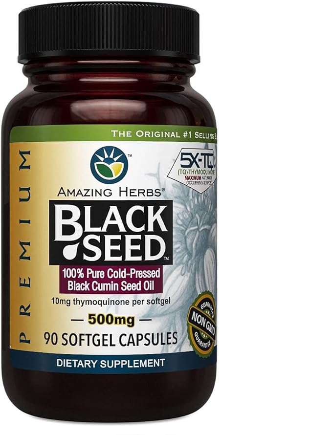 Amazing Herbs Premium Black Seed Oil Capsules - Gluten Free Non GMO Cold Pressed Nigella Sativa Aids in Digestive Health Immune Support- 90 Count (Pack of 1)