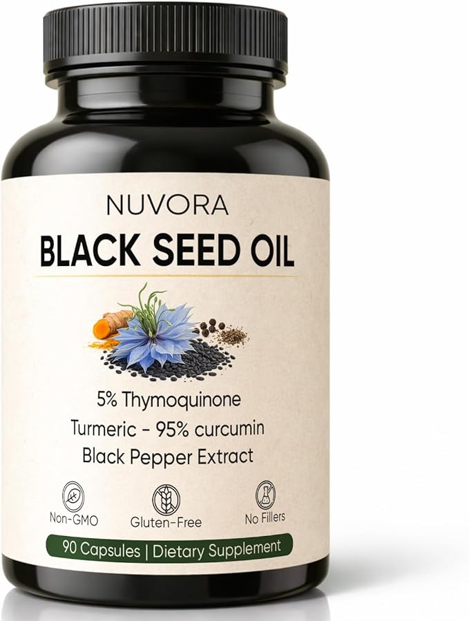 Nuvora Ethiopian Black Seed Oil - 5% Thymoquinone Turmeric &amp Black Pepper Cold Pressed 90 Capsules