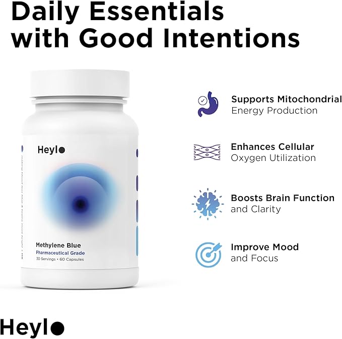 Heylo Methylene Blue Capsules - Pharmaceutical USP Grade Quality | Third Party Tested | Boosts Memory Focus Clarity Energy | Supports Cellular &amp Mitochondrial Function Made in USA 30mg
