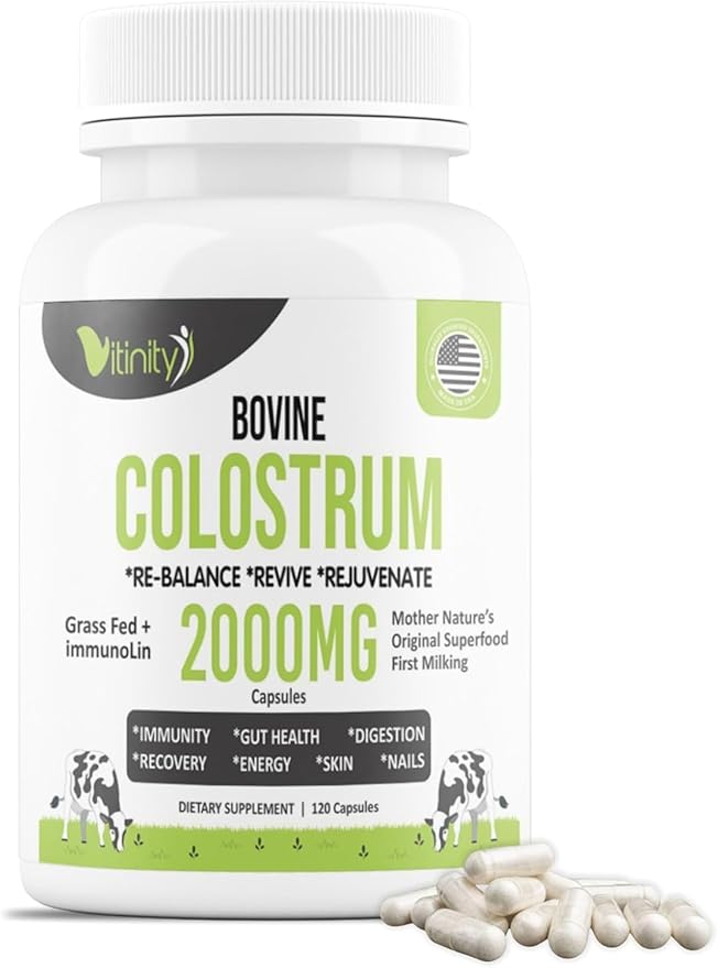 VITINITY Grass Fed Bovine Colostrum Capsules for Humans - Natural IgG Colostrum Supplement for Gut Health Immune Support Muscle Recovery &amp Wellness | Pure Colostrum Superfood Unflavored (120 Co