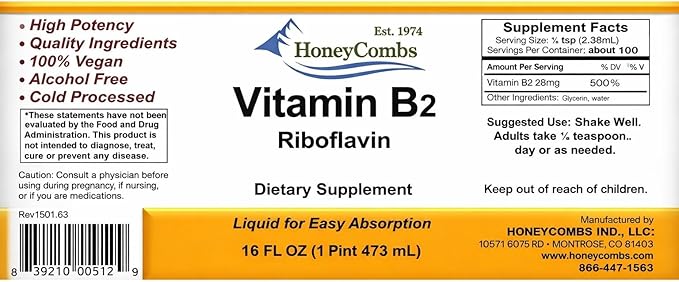 HoneyCombs Riboflavin Vitamin B2 Liquid Drops 750 Percent DV b2 Made in USA Alcohol Free B2 Vitamins Supplement Alternative to Capsules for Adult Daily Use (16 oz)
